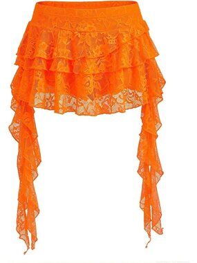✨Women's Orange Y2K Ruffle Layered Lace Asymmetrical Flowy Club Party Mini Skirt